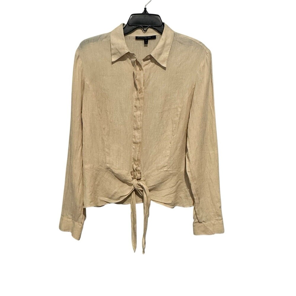 Lafayette 148 Size 12 100% Linen Dark Cream Tie‎ Front Shirt Top Blouse #T4-3